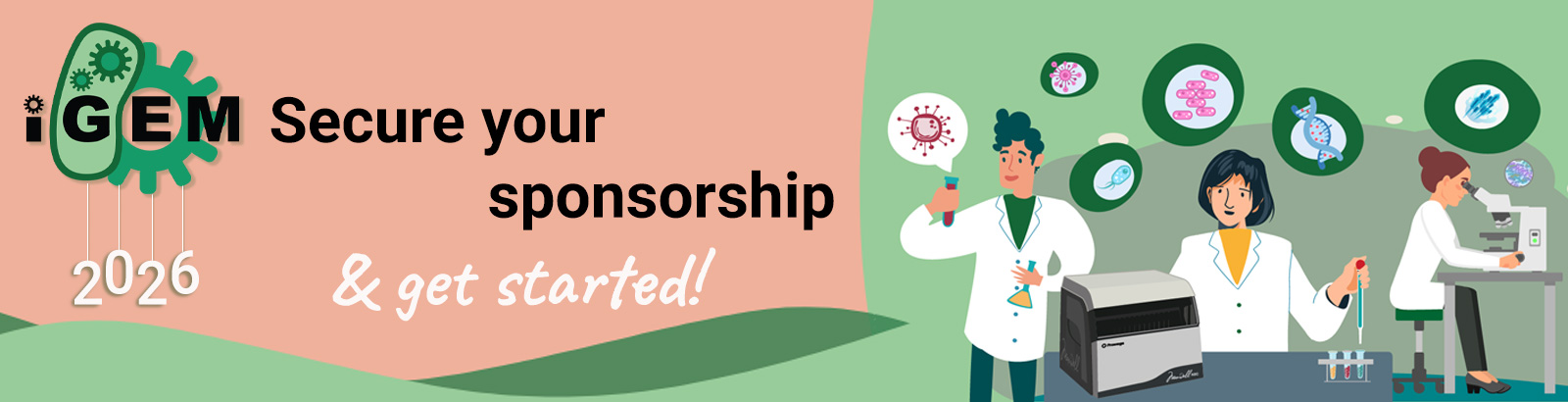 Banner promoting iGEM Sponsorship 2026 with illustration of researchers in a laboratory